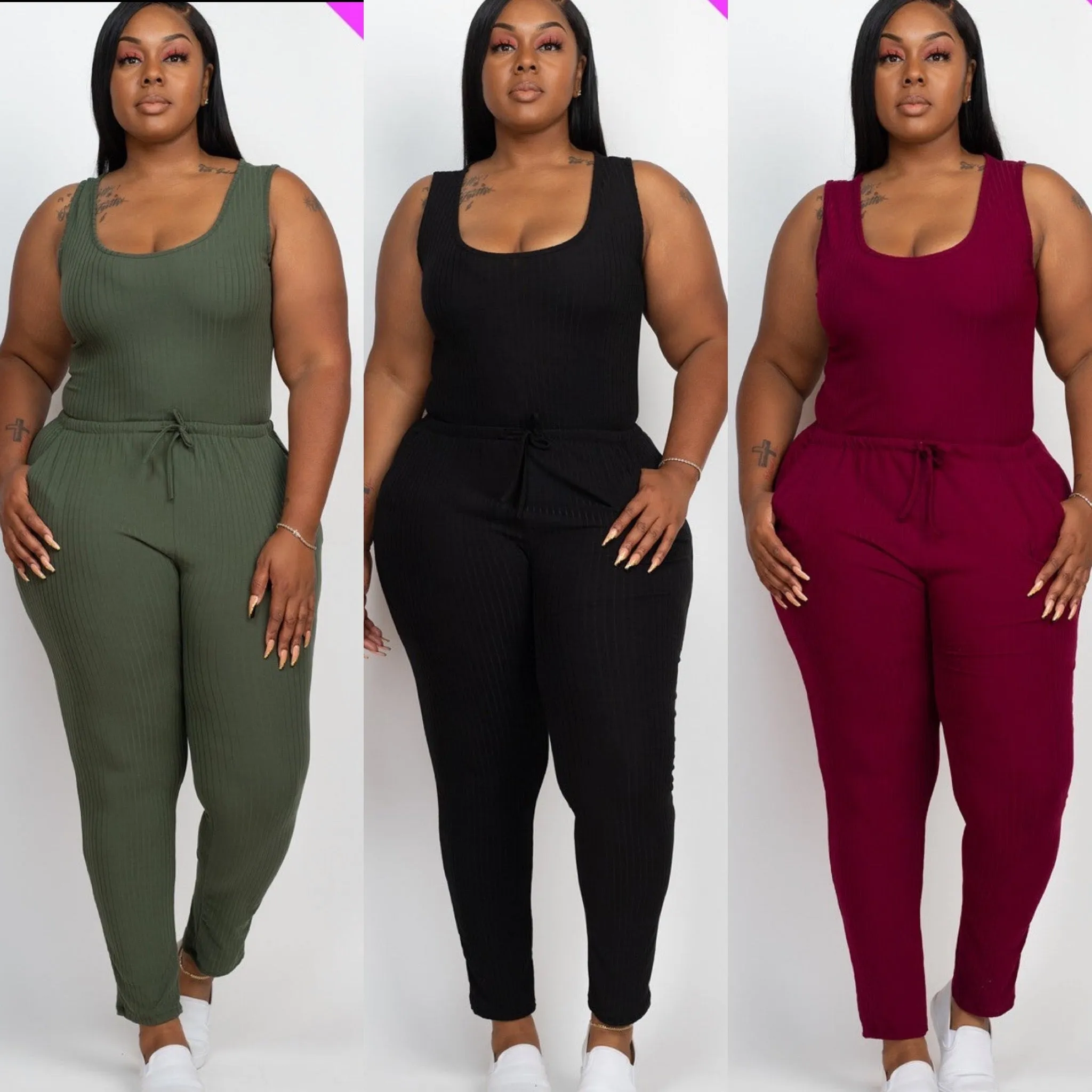 Ribbed Drawstring Jumpsuit (Plus)