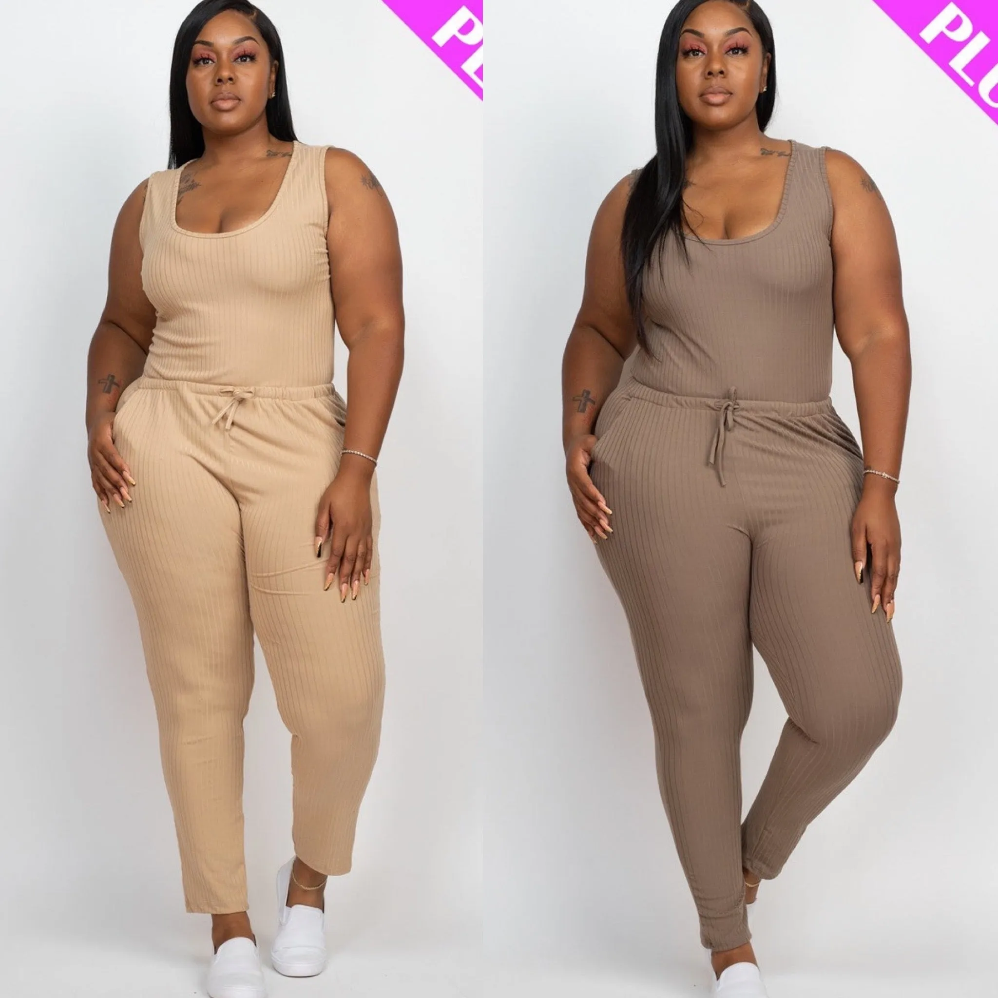 Ribbed Drawstring Jumpsuit (Plus)