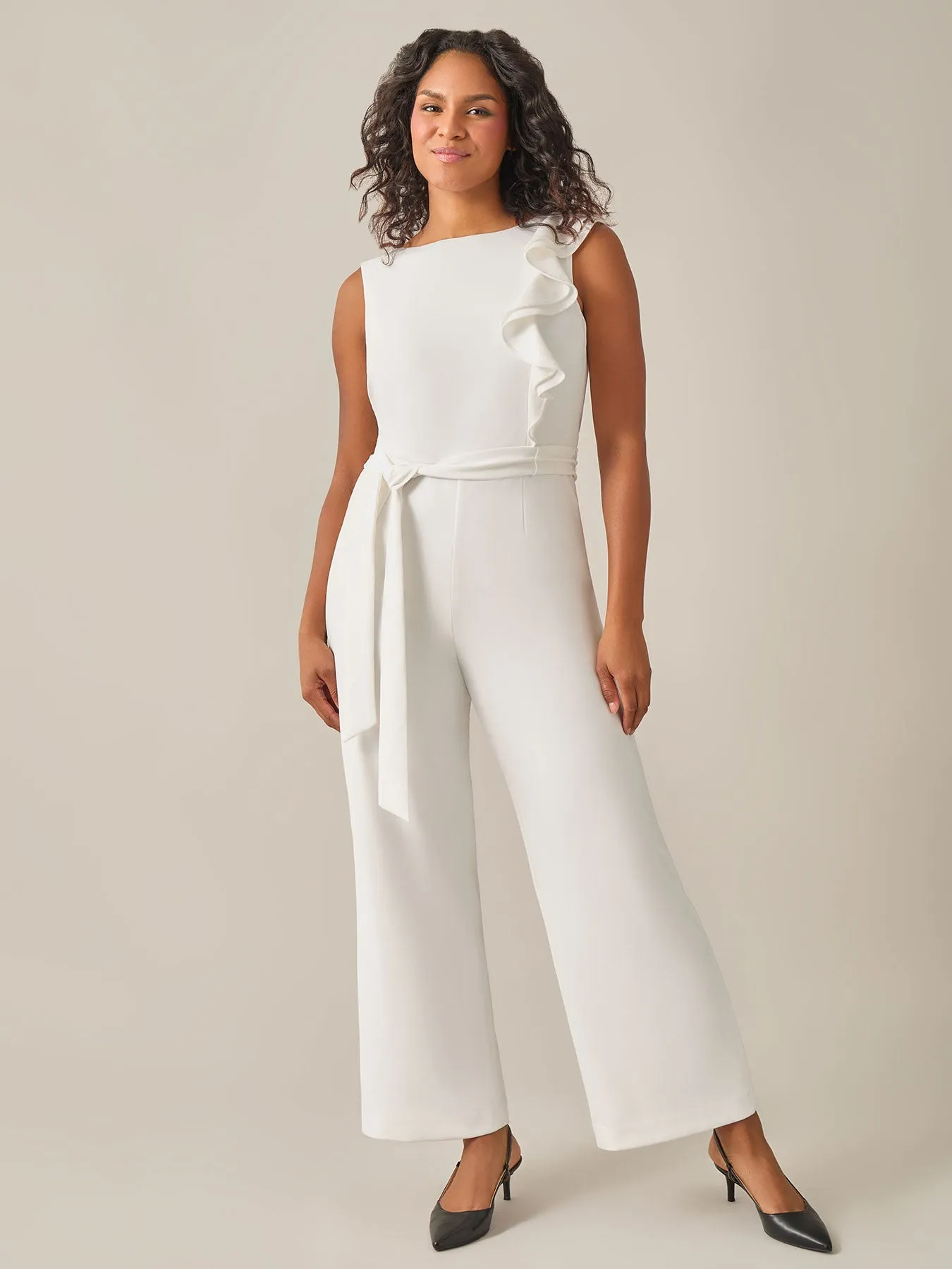 Ruffle Shoulder Jumpsuit, White