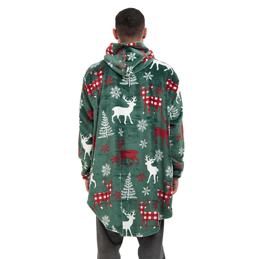 Snuggs Blanket Hoodie Green Deer Christmas