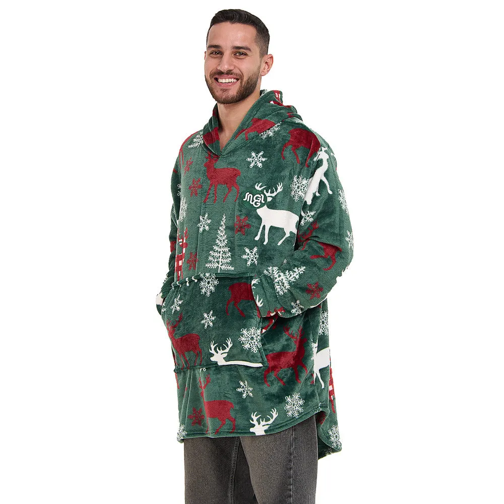 Snuggs Blanket Hoodie Green Deer Christmas
