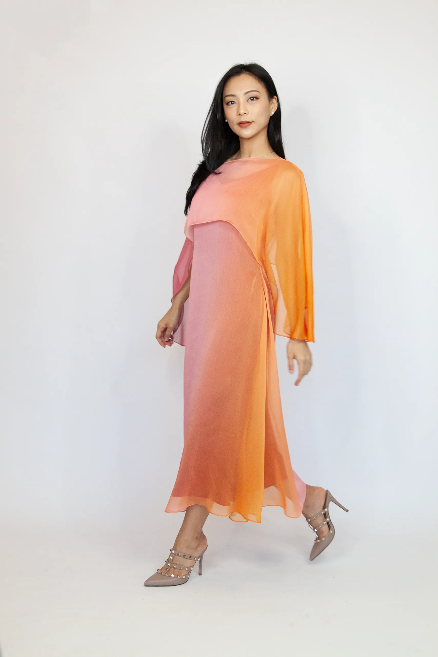Sunset Ombre Cami Flowy Dress with Cape