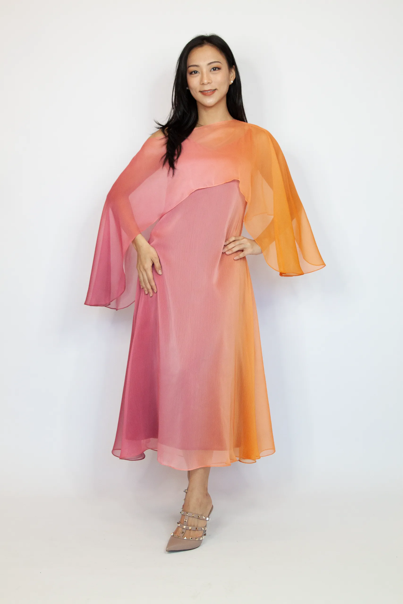 Sunset Ombre Cami Flowy Dress with Cape