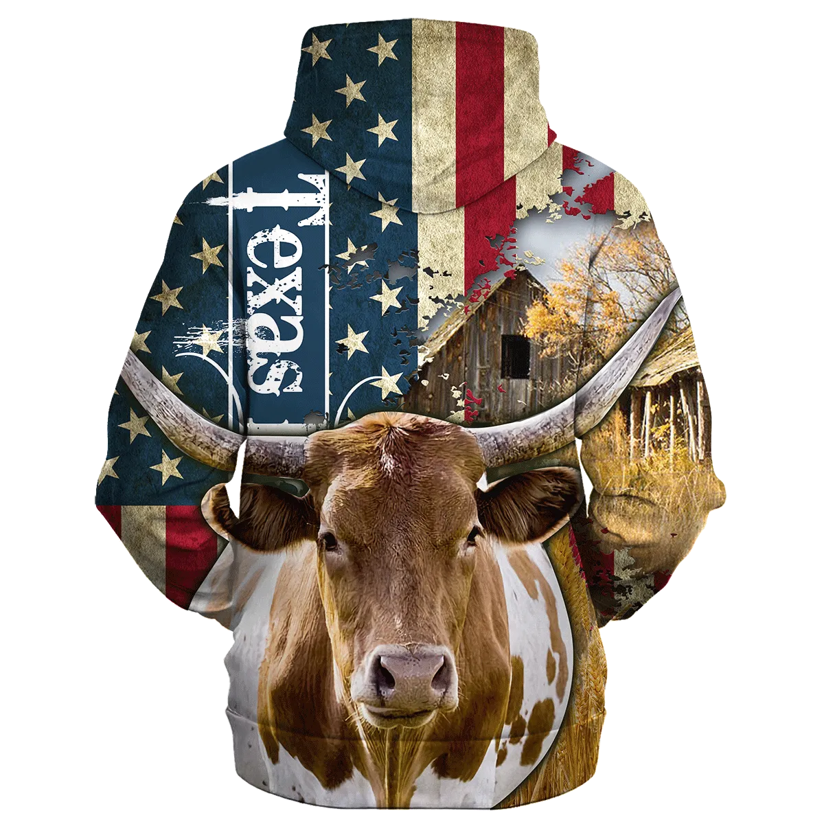 Texas Longhorn Farm With America Flag Hoodie