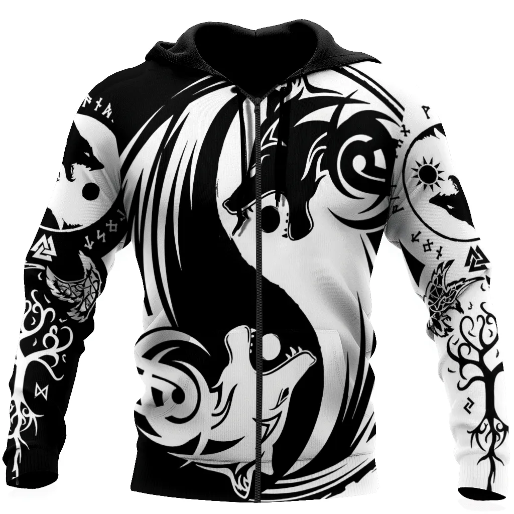 Vikings Wolf Tattoo Warrior Yin Yang 3D Printed Sweatshirt Hoodie Shirts, Christmas Viking Shirt