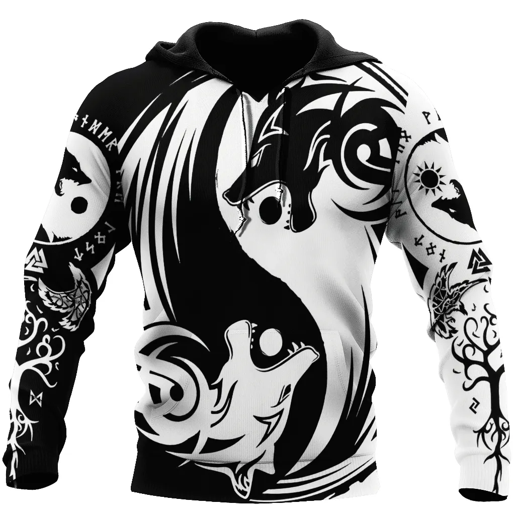 Vikings Wolf Tattoo Warrior Yin Yang 3D Printed Sweatshirt Hoodie Shirts, Christmas Viking Shirt