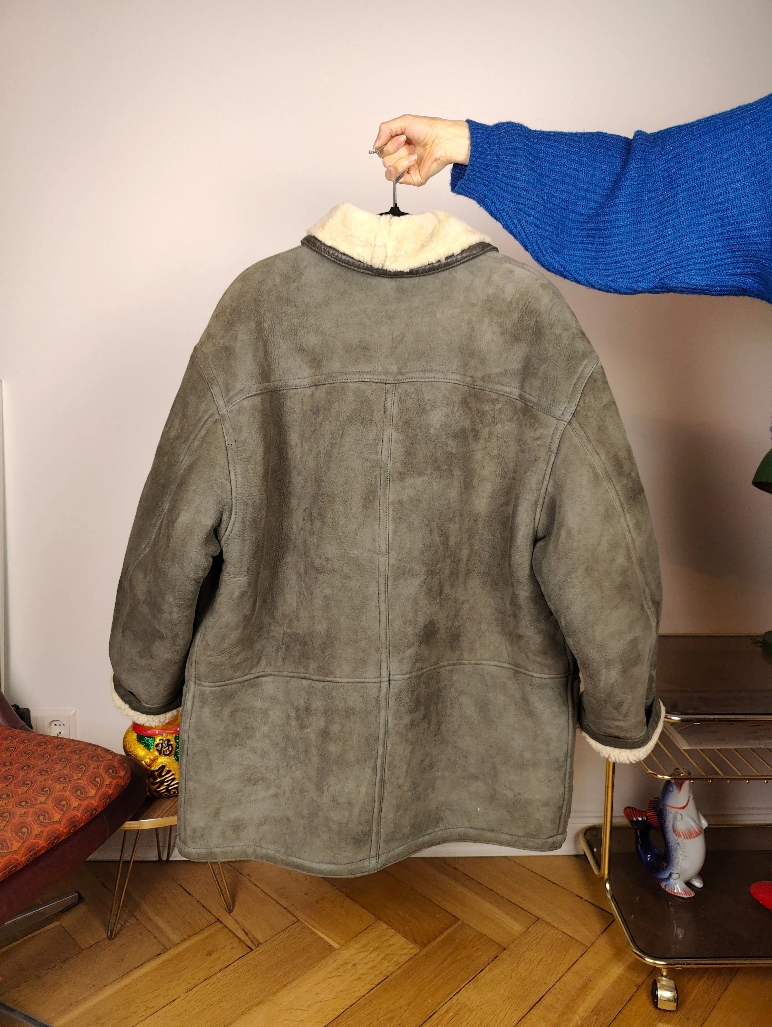 Vintage shearling coat L XL | grey lambskin sheepskin leather sherpa jacket women unisex men