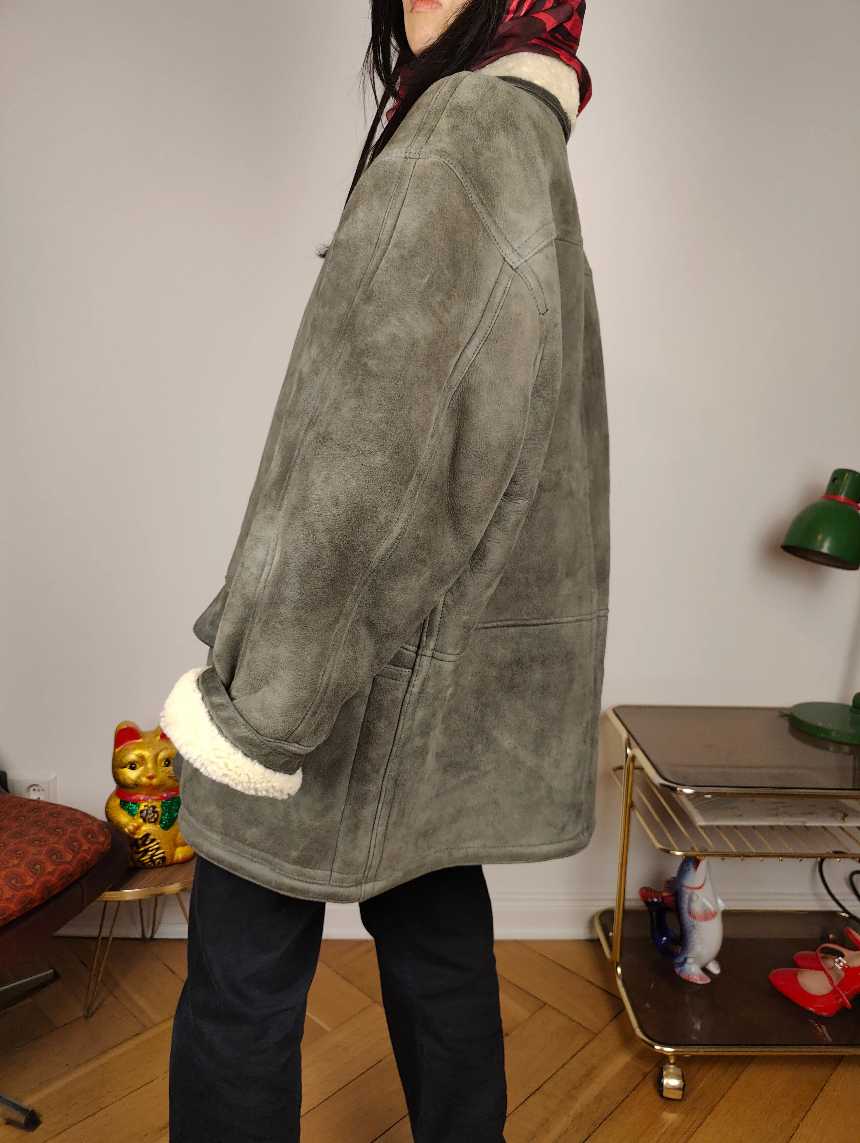 Vintage shearling coat L XL | grey lambskin sheepskin leather sherpa jacket women unisex men