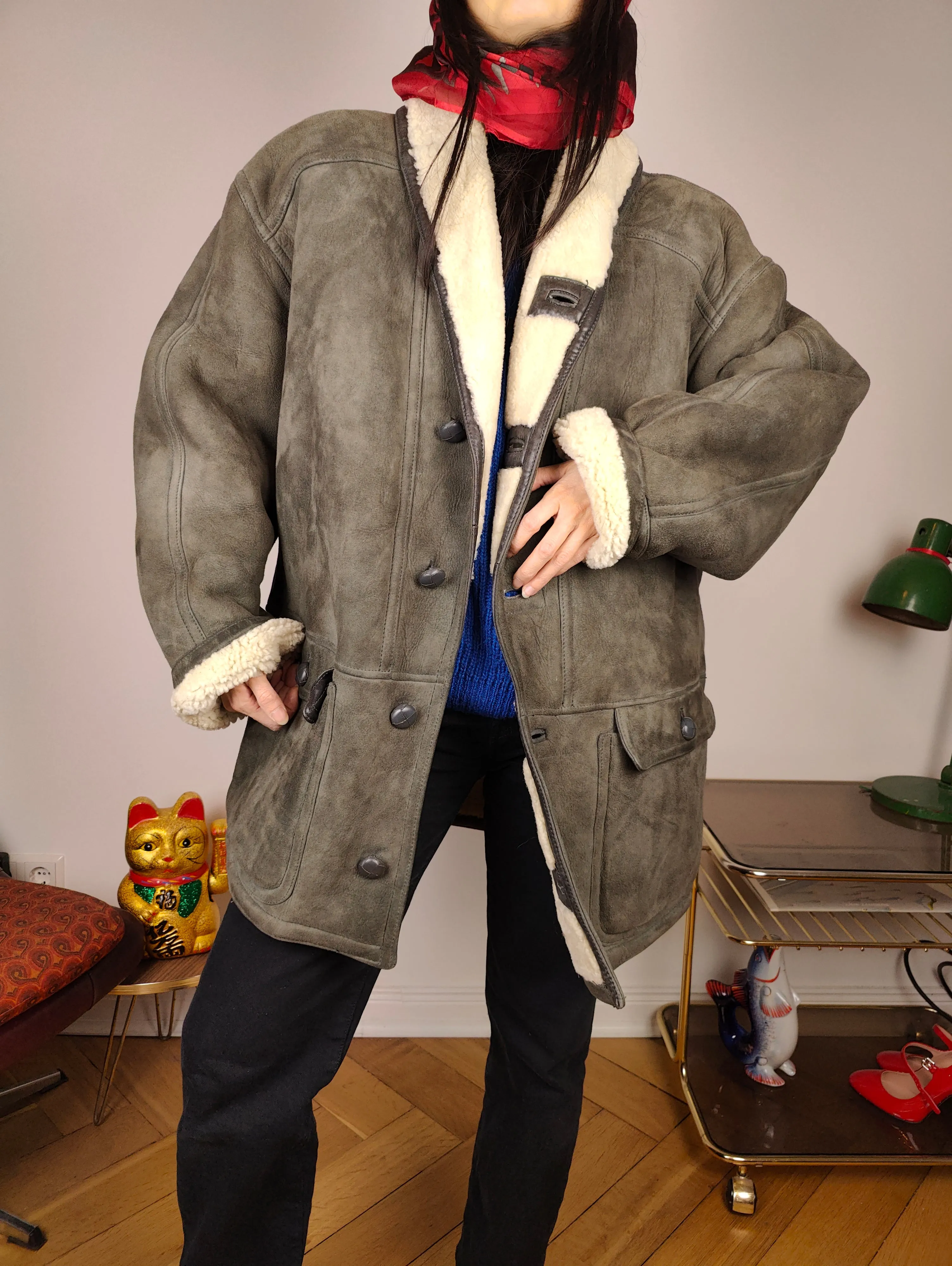 Vintage shearling coat L XL | grey lambskin sheepskin leather sherpa jacket women unisex men