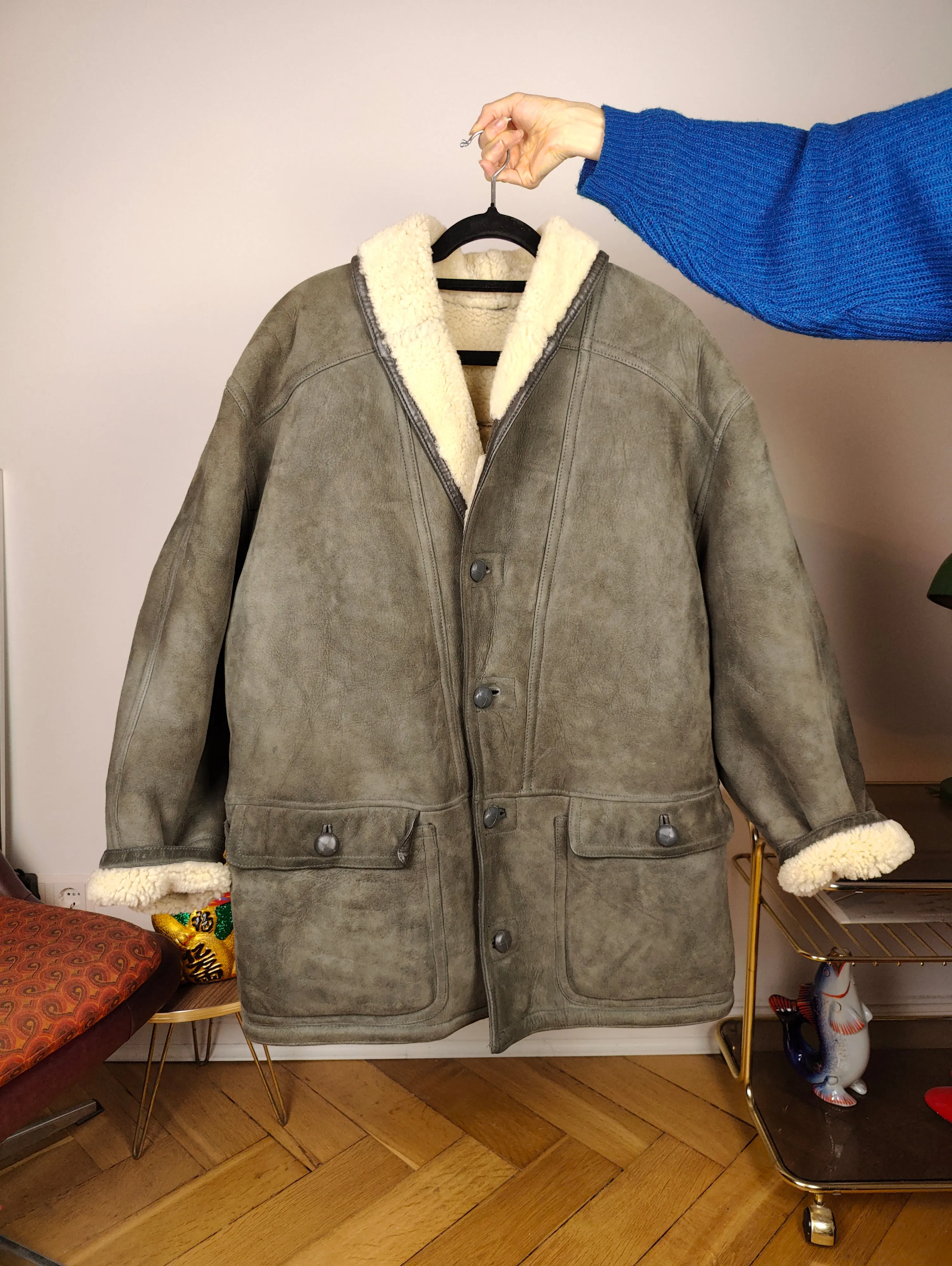 Vintage shearling coat L XL | grey lambskin sheepskin leather sherpa jacket women unisex men