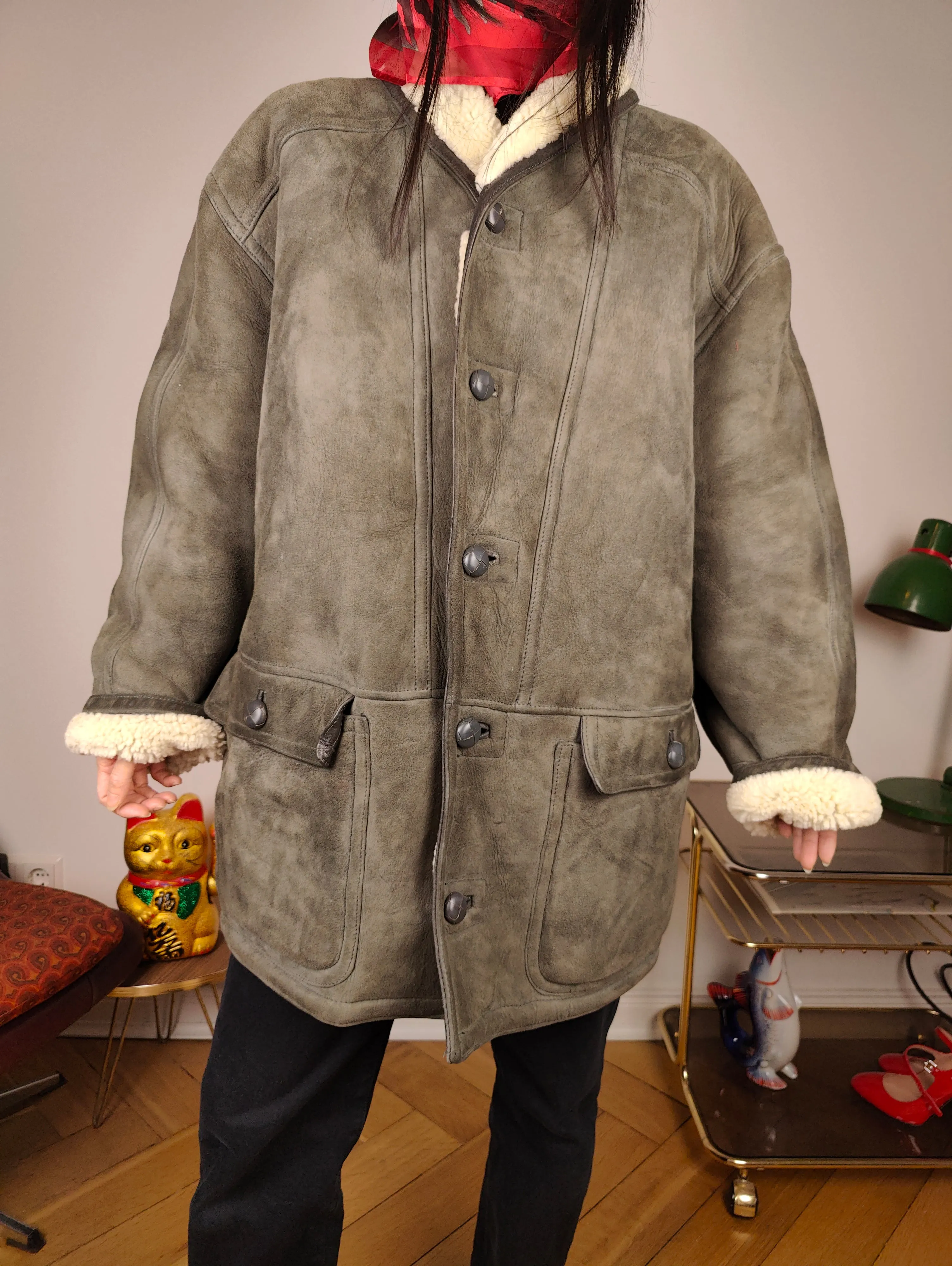 Vintage shearling coat L XL | grey lambskin sheepskin leather sherpa jacket women unisex men