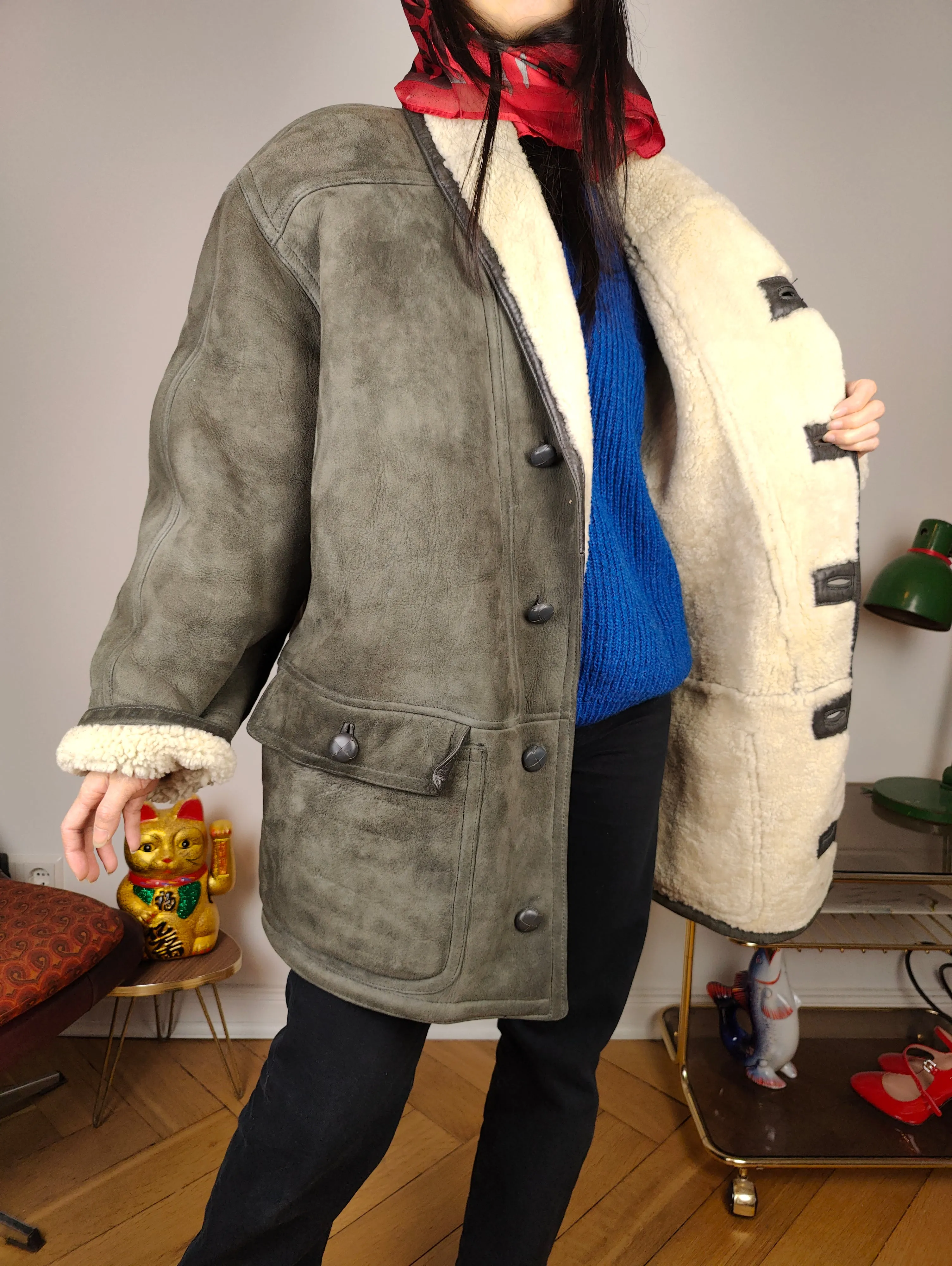Vintage shearling coat L XL | grey lambskin sheepskin leather sherpa jacket women unisex men
