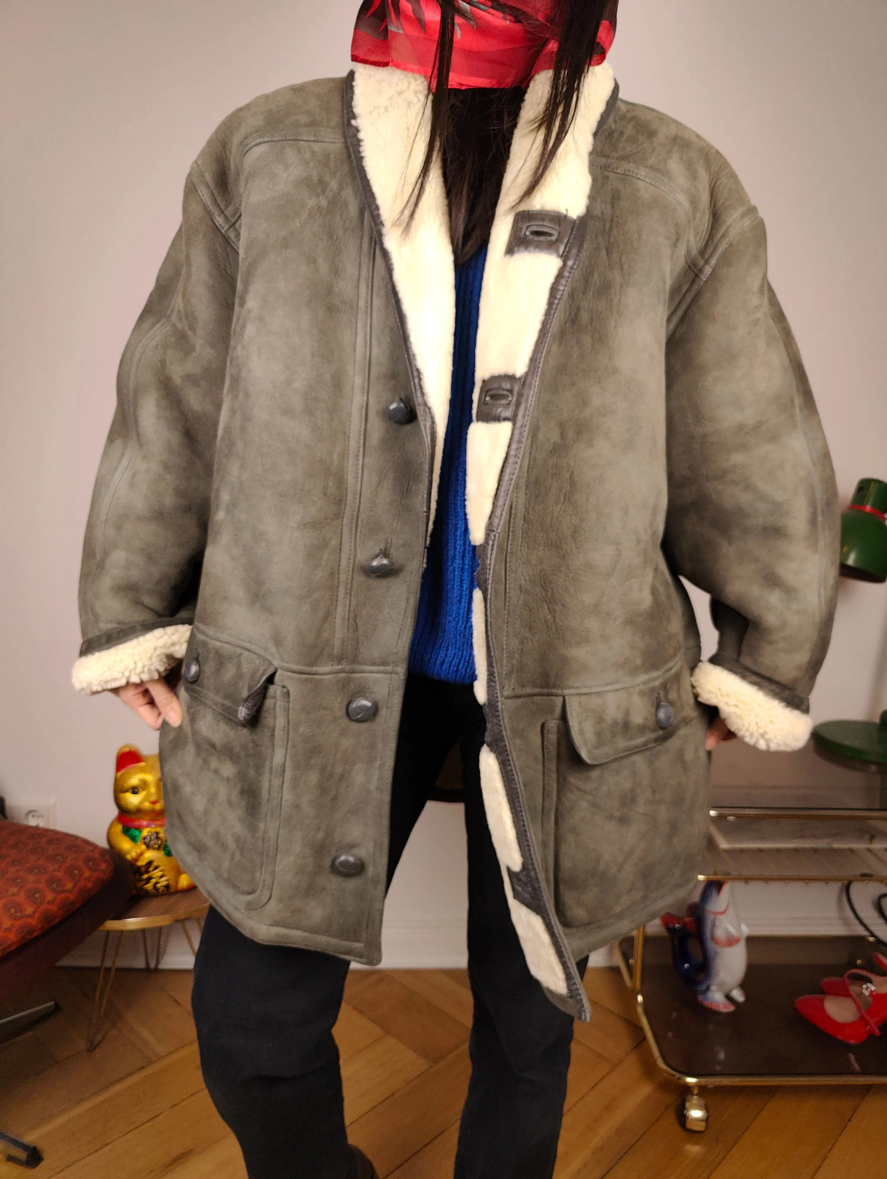 Vintage shearling coat L XL | grey lambskin sheepskin leather sherpa jacket women unisex men