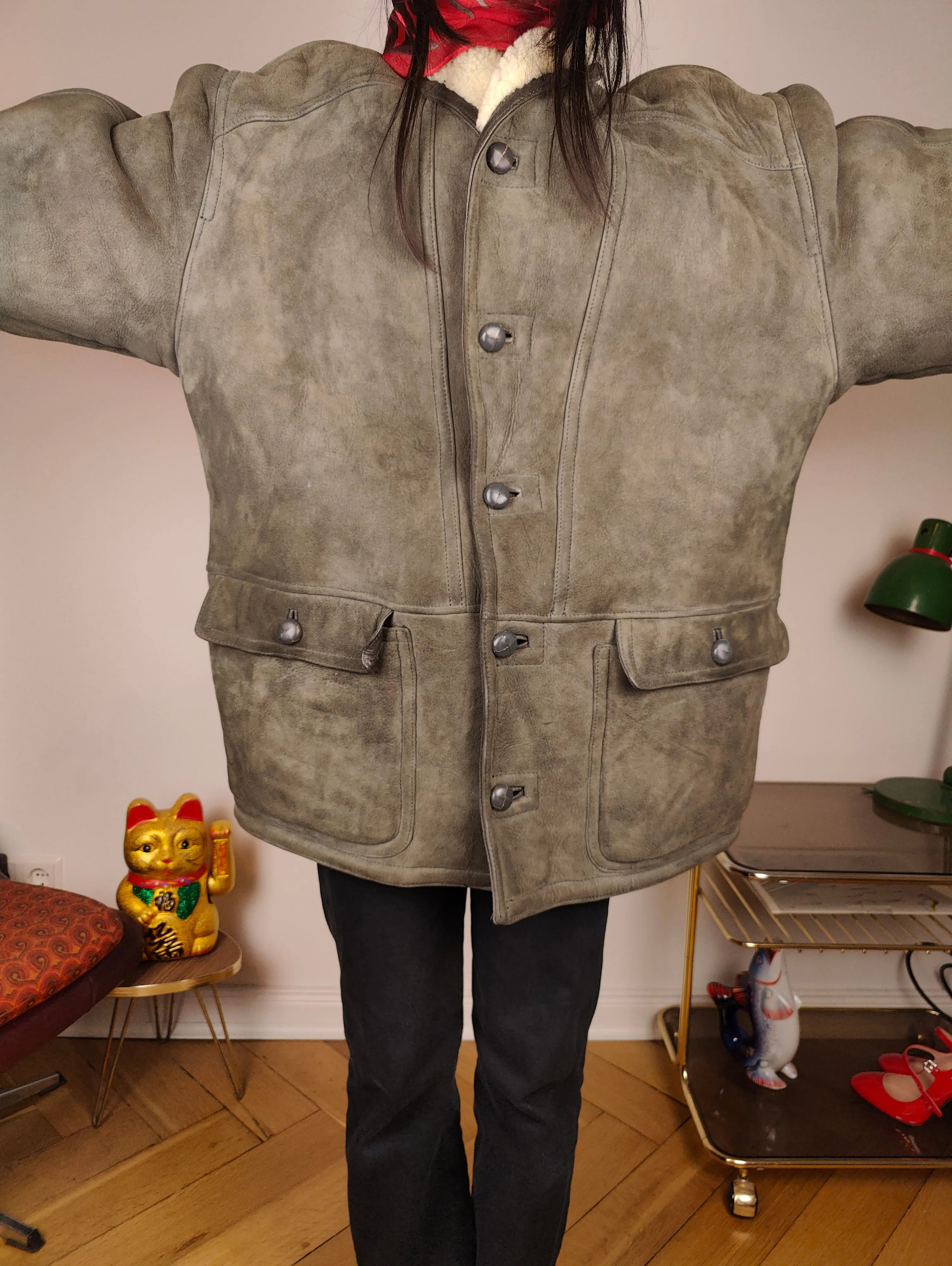 Vintage shearling coat L XL | grey lambskin sheepskin leather sherpa jacket women unisex men