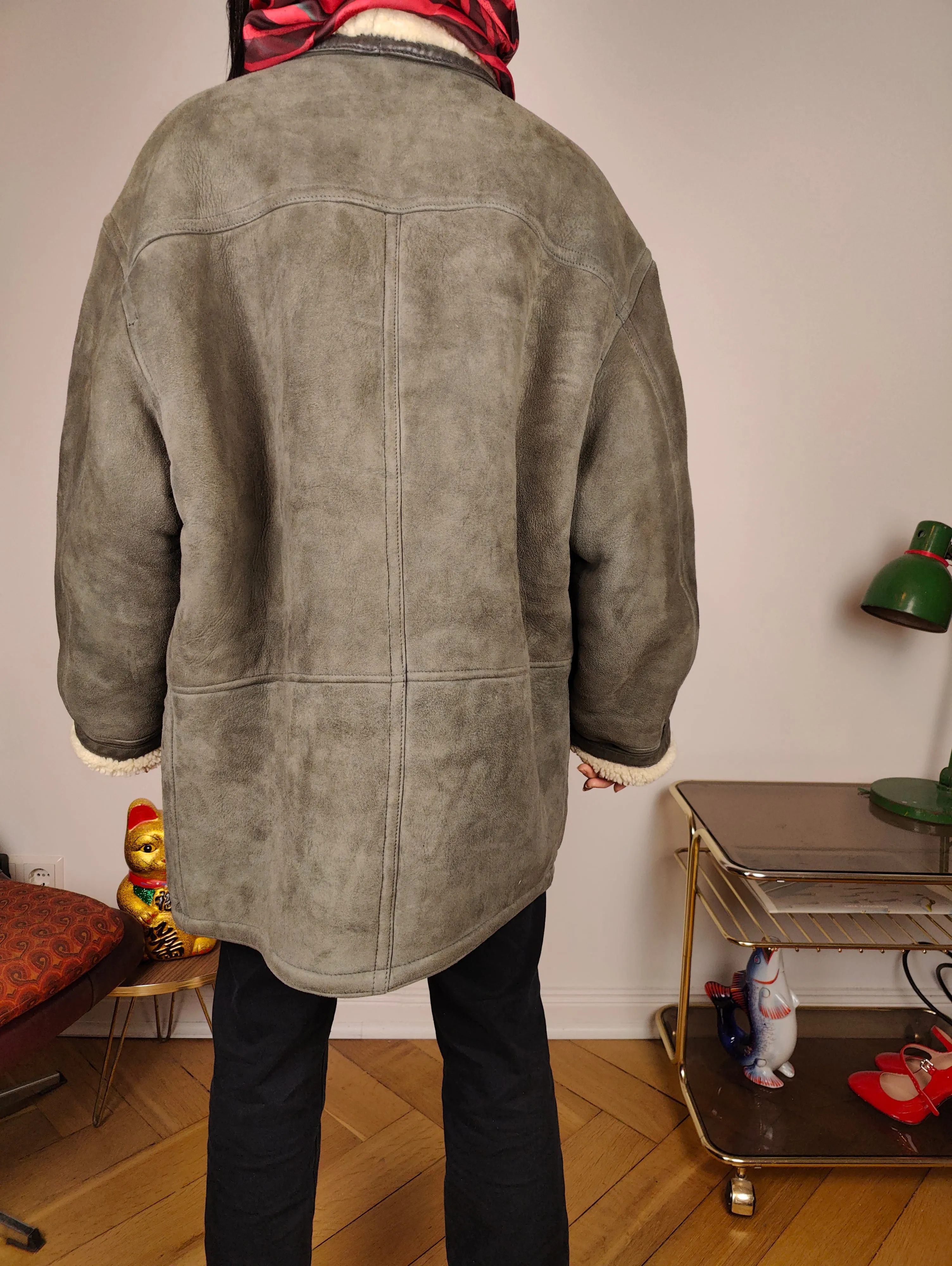 Vintage shearling coat L XL | grey lambskin sheepskin leather sherpa jacket women unisex men