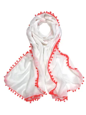 WHITE SCARF WITH NEON PINK POM POMS