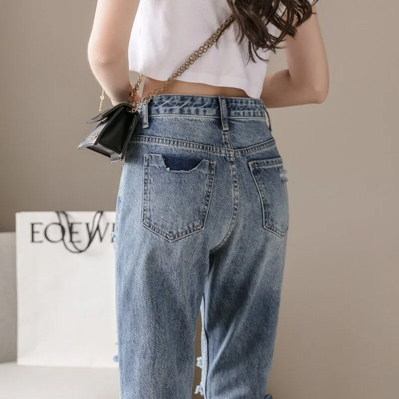 Wjczt 2022 New Lady Spring And Summer Light Blue Pierced Jeans Women'S Fashion Loose Dad Harlan Trousers High Waist Slim 9-Point Pants
