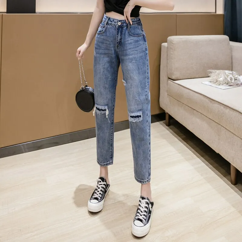 Wjczt 2022 New Lady Spring And Summer Light Blue Pierced Jeans Women'S Fashion Loose Dad Harlan Trousers High Waist Slim 9-Point Pants
