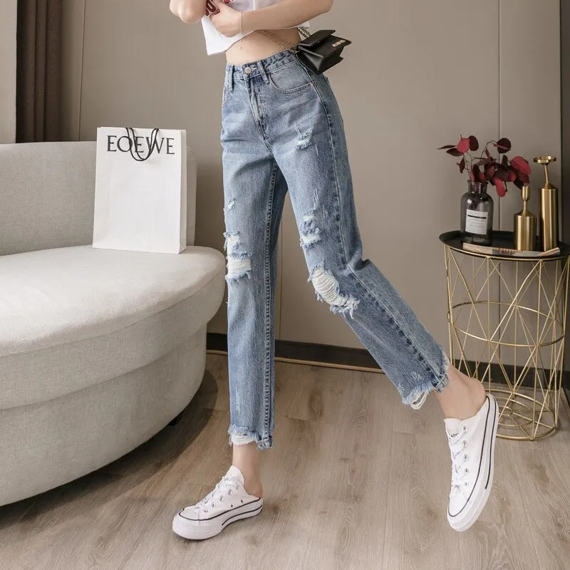 Wjczt 2022 New Lady Spring And Summer Light Blue Pierced Jeans Women'S Fashion Loose Dad Harlan Trousers High Waist Slim 9-Point Pants