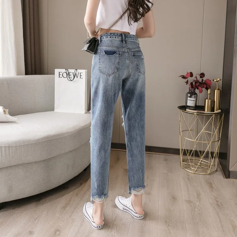 Wjczt 2022 New Lady Spring And Summer Light Blue Pierced Jeans Women'S Fashion Loose Dad Harlan Trousers High Waist Slim 9-Point Pants