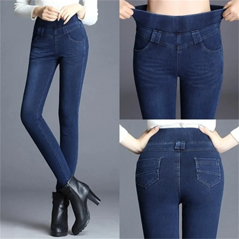 Women&#39;s Skinny High Waist Jeans 2021 Autumn New Korean Slim Casual Trousers Elastic Waist Stretch Cowboy Pencil Denim Pants R255