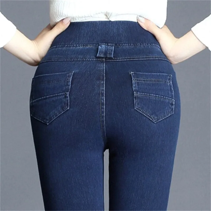 Women&#39;s Skinny High Waist Jeans 2021 Autumn New Korean Slim Casual Trousers Elastic Waist Stretch Cowboy Pencil Denim Pants R255