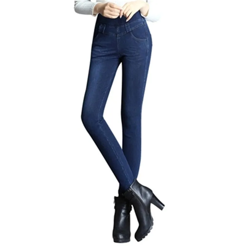 Women&#39;s Skinny High Waist Jeans 2021 Autumn New Korean Slim Casual Trousers Elastic Waist Stretch Cowboy Pencil Denim Pants R255