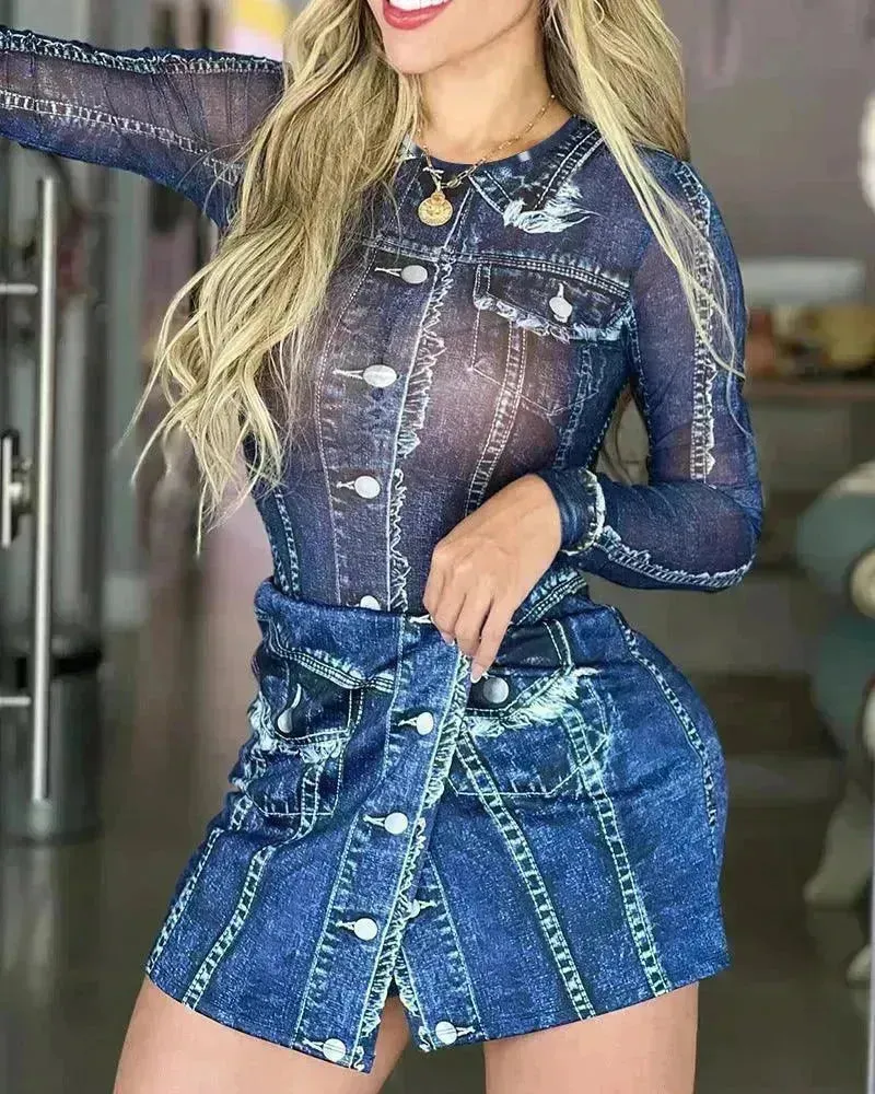 Women's Denim-like Printed Long-sleeved Jumpsuit