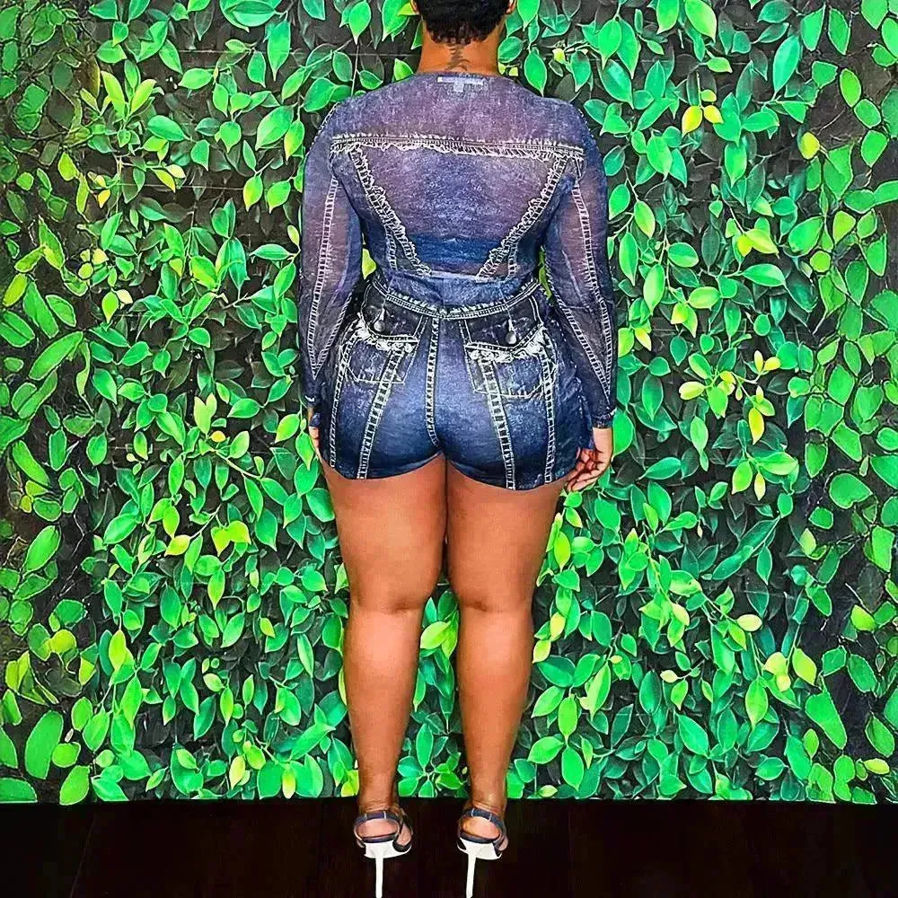Women's Denim-like Printed Long-sleeved Jumpsuit
